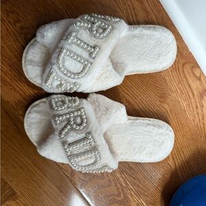 Fuzzy Bride Slippers with Pearl Accents